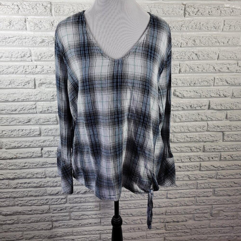 Time Tru Women Top XXL 20 Plus Long Sleeve Gray Blue Plaid Scoop Neck PLA101E